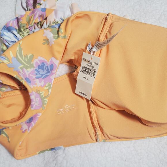 Aerie Orange Floral Bikini Scoop Top Women's Extra Large Ruffle Flutter NWT - Picture 10 of 13